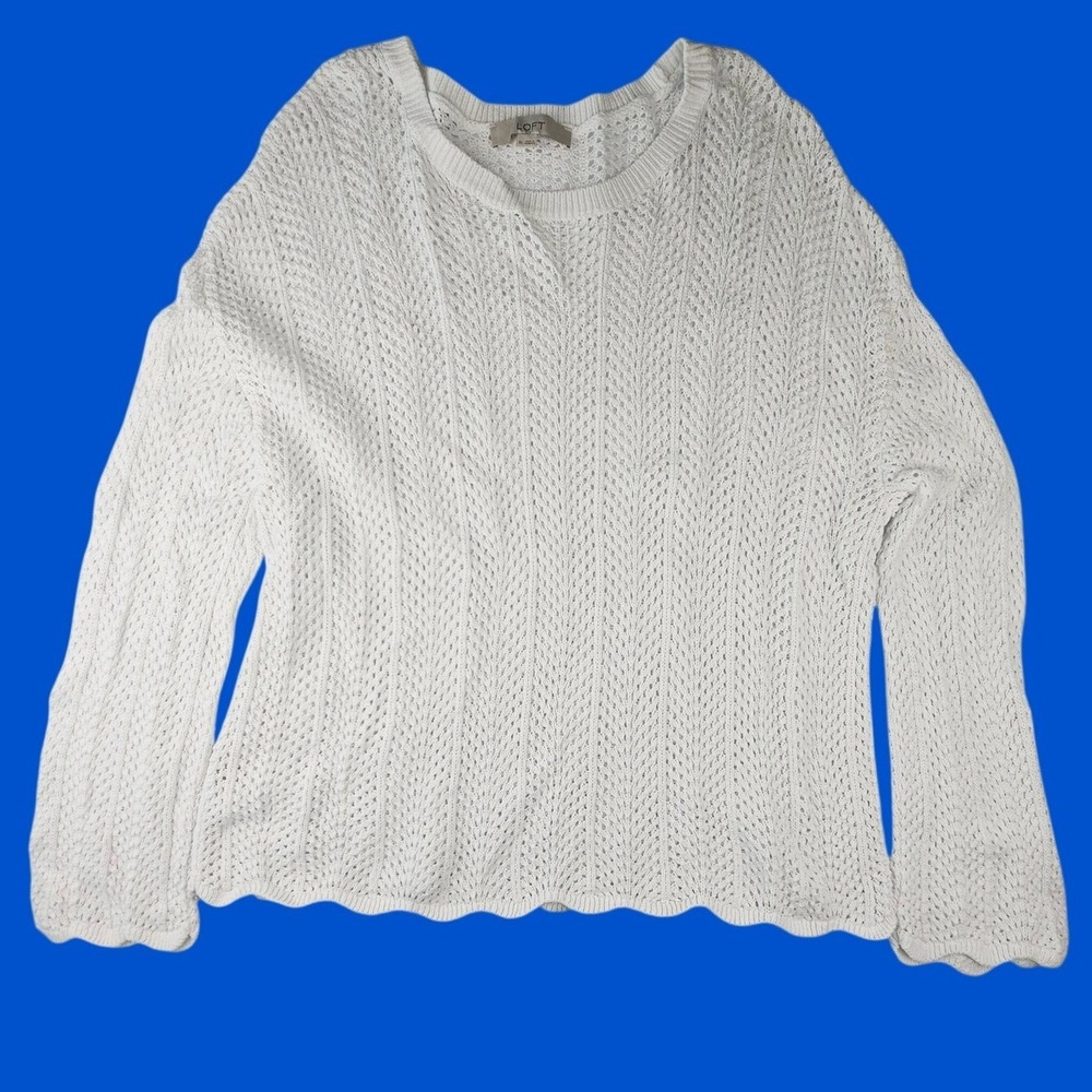 LOFT White Pointelle Knit Cotton Sweater XL Scalloped Hem Long Sleeve 754800